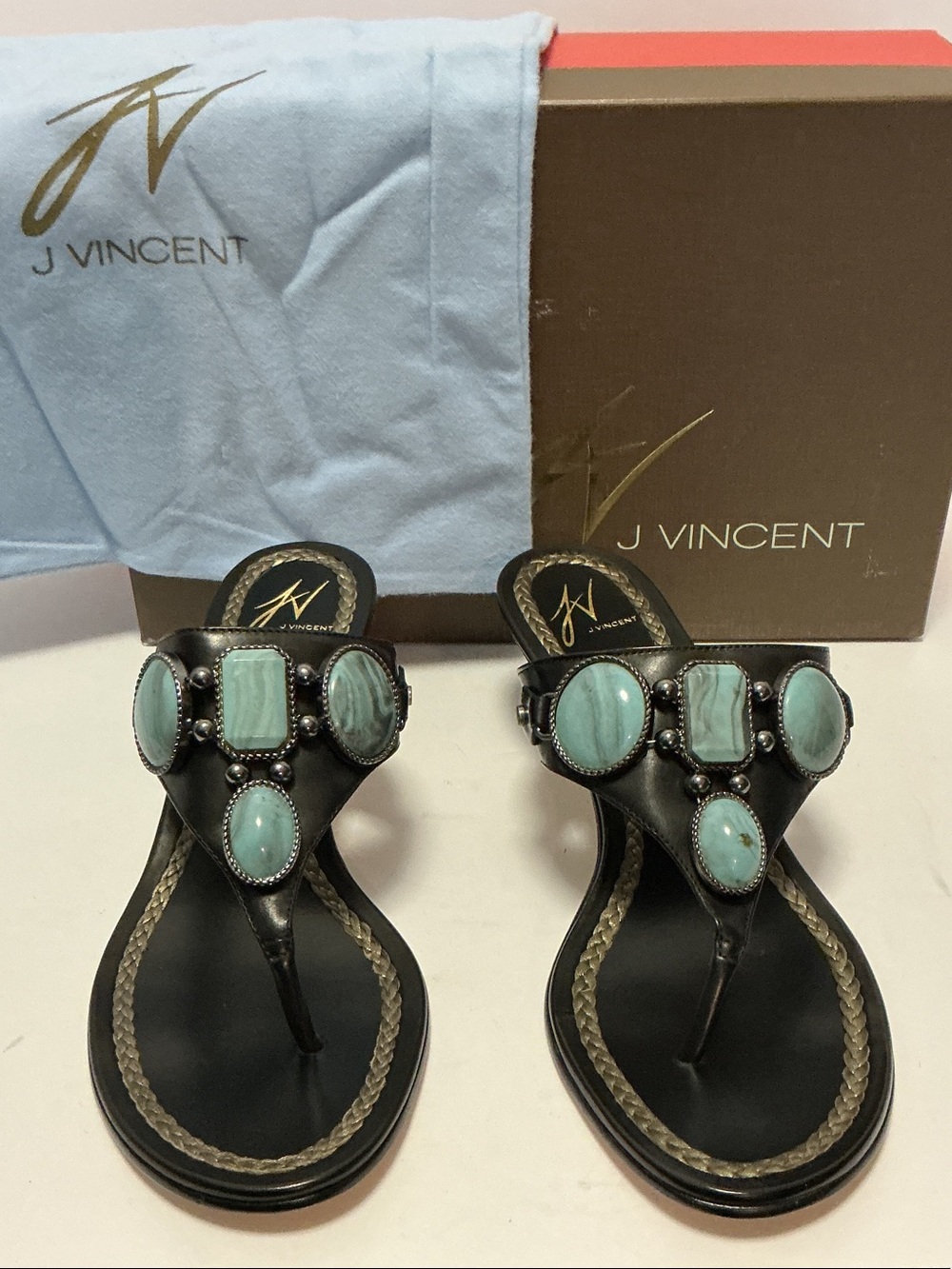 J Vincent Black Leather Sandals with Turquoise Accent Stones